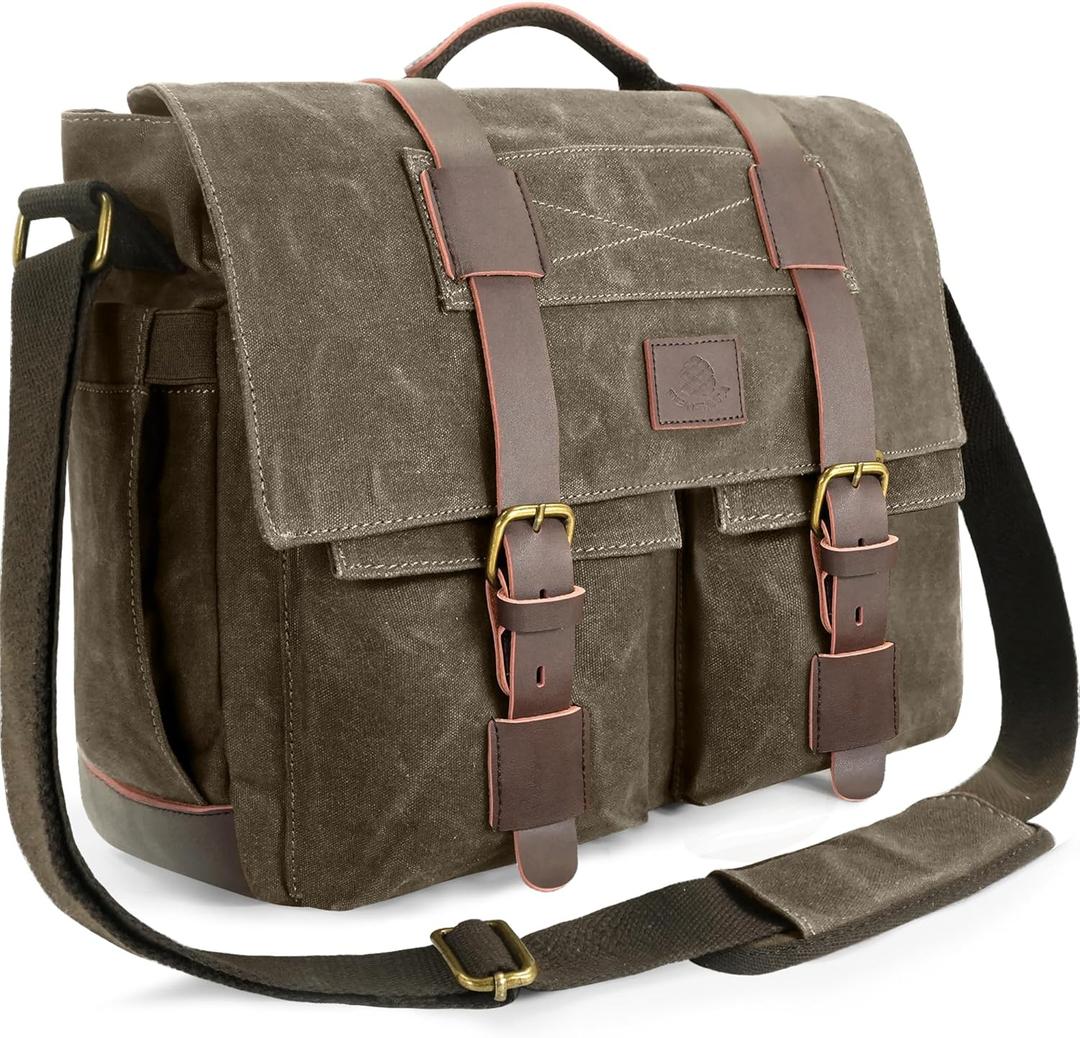 Messenger Bag for Men, 14-Inch Waterproof Laptop Bag, Waxed Canvas Satchel Bag for School, Vintage Rugged Shoulder Computer Bag, Crossbody Briefcase for Work Travel (Vintage Grey)