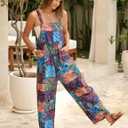 Himosyber Women's Patchwork Dual Pocket Jumpsuit Loose Floral Print Bohemian Wide Leg Bib Overall (L)