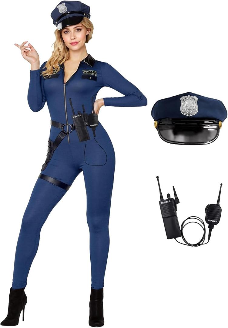 Women Police Costume,Cop Costume Outfit for Adult Police Officer Romper Costume Halloween Cosplay Party Events (PLUS)