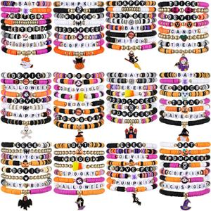 96 Pcs Halloween Bracelets Bulk Set Happy Halloween Friendship Bracelets Bulk Bats Ghosts Witches Colorful Beaded Adjustable Flat Jewelry for Women Man Party Favors Gift(Vivid)