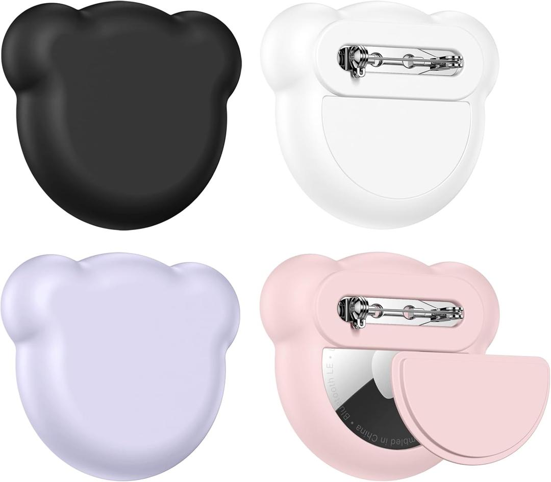 4 Pack Compatible with Apple AirTag Holder for Kids,Silicone Cute Air tag Tracker Bracket with Rotating Locking Pin Anti Lost for Luggage, and Clothing (Black/White/Light Purple/Rose Pink)