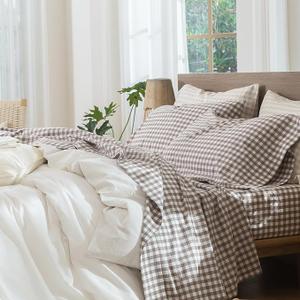 MooMee Gingham Sheet Set 100% Washed Cotton Linen Like Textured Breathable Soft w/Fully Elasticized 1619" Deep Pocket (Classic Gingham Brown, King)