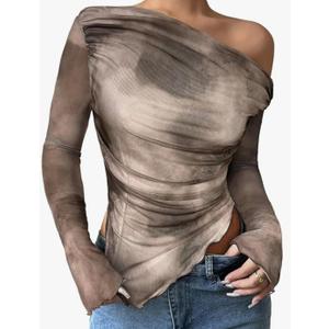 Women's Tie Dye Mesh Ruched T Shirts Long Sleeve Off The Shoulder Tops Date Night Outfit, S