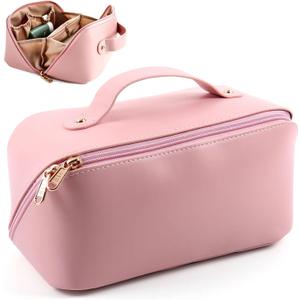 Lunarsoft Leather Makeup Bag, Pink Large Cosmetic Case with Dividers & Handle, Water-Resistant Lining, Multi-Pockets, Portable Toiletry Bag Organizer, Packing Underwear Organizer Bag