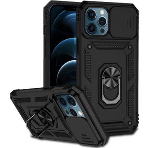Phone Case for iPhone 12 Pro Max with Camera Lens Cover HD Screen Protector,Military Grade Ring Car Mount Kickstand Hybrid Hard PC Soft TPU Shockproof Protective Black