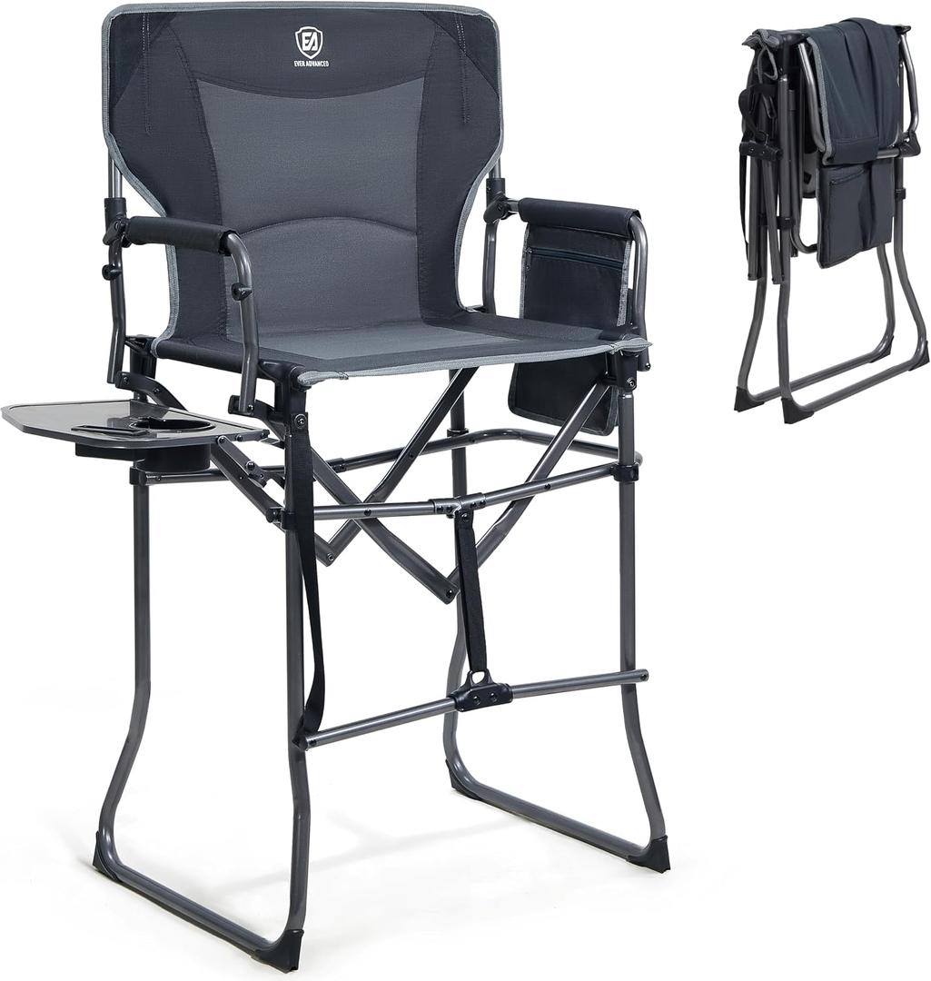 EVER ADVANCED Portable 30.7" Seat Height Tall Folding Camping Chair Directors Chair High Foldable Bar Stool with Side Table for Makeup Artist, Sports Event, Craft Show, Supports 350LBS