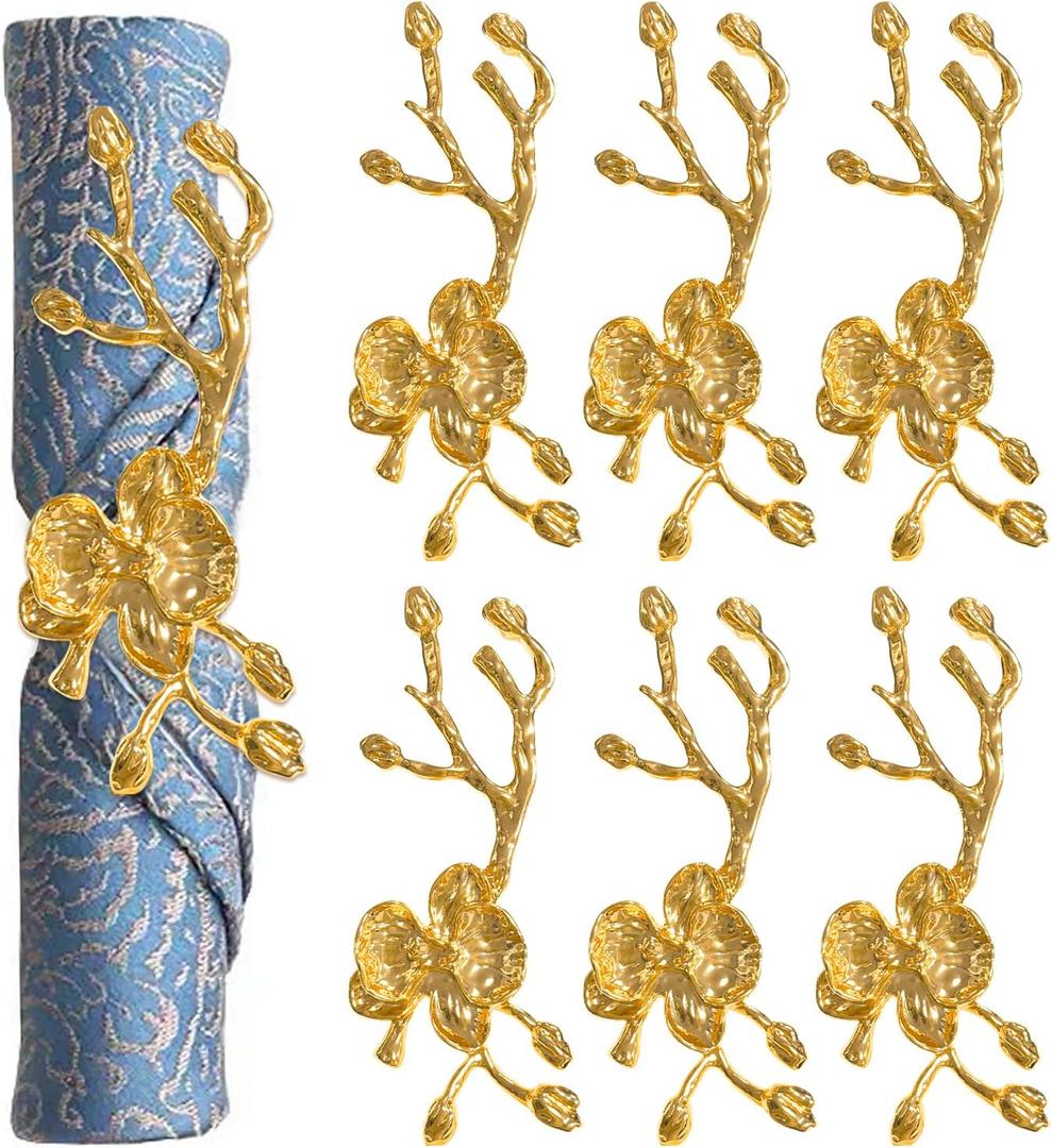 Gold Napkin Rings Set of 6, Metal Plum Blossom Napkin Rings Cloth Napkin Holder for Weddings, Valentines Day, Holiday, Receptions, Dinner Party, Banquet, Buffet Table Decor (Gold)