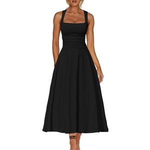 Kaximil Women's Square Neck Corset A Line Maxi Dress Ruffle Ruched Waist Flowy Long Dresses, Large, Black