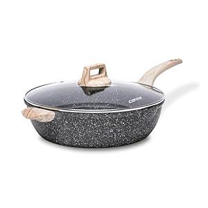 CAROTE 12.5 Inch Nonstick Deep Frying Pan with Lid, 6.5 Qt Jumbo Cooker Saute Pan with Pour Spout, Skillet Induction Cookware, Non Stick Cooking Pan PFOA Free, Classic Granite