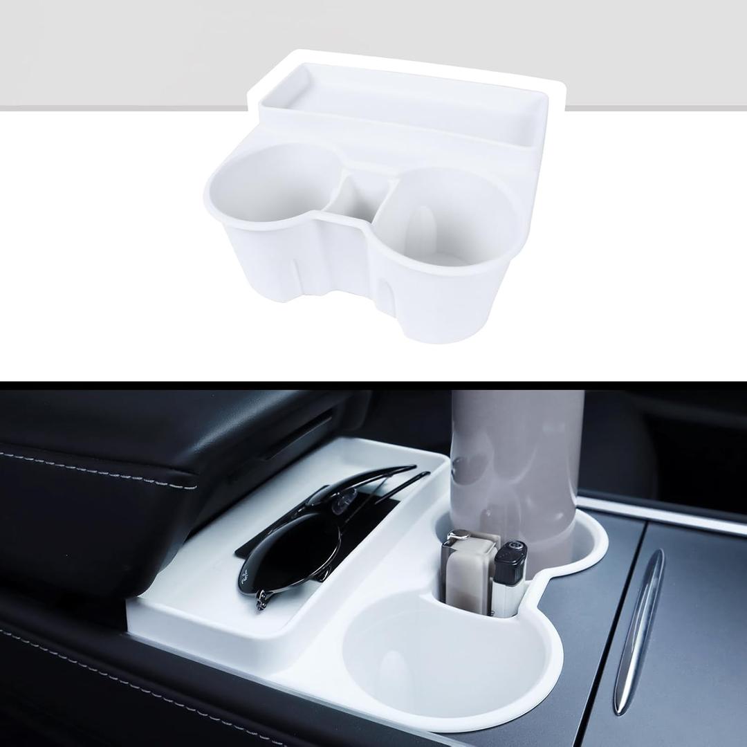 for Tesla Model 3 Model Y Cup Holder Insert Center Console Water Cup Limit Clamp, Under Armrest Box Storage Tray Key Card Sunglasses Holder for Tesla Accessories (White)