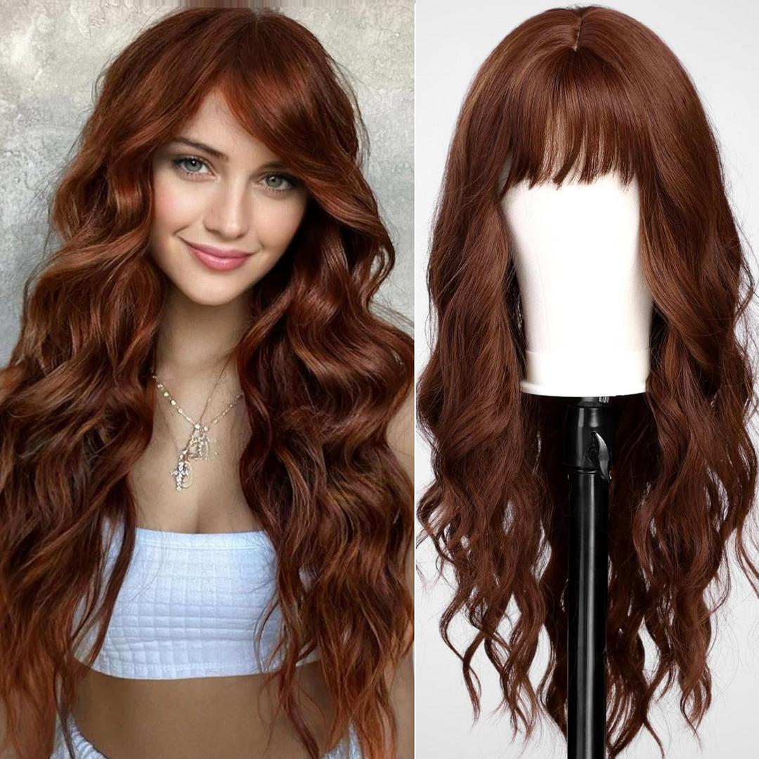 Auburn Wigs with Bangs,Copper Red Long Wavy Wig for Women,Long Curly Synthetic Hair Wig for Party Daily Use 24IN