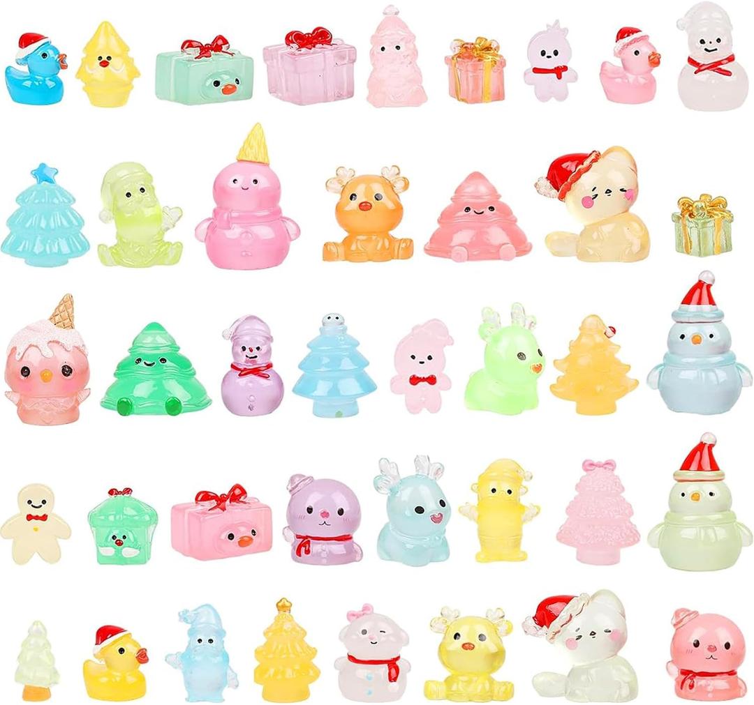DIYASY 40 Pcs Christmas Luminous Figurines, Glow Mini Resin Miniature Craft Decorations Tiny Miniatures Dollhouse Ornaments Shinny Small Fairy Garden Dcor Village Accessories