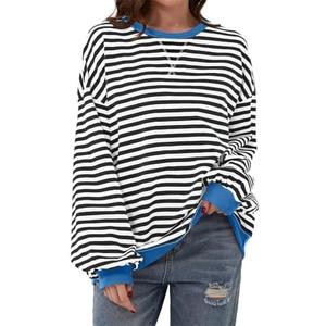 AlvaQ Womens Oversized Sweatshirt 2024 Casual Crewneck Long Sleeve Colorblock Striped Pullover Tunic Tops Outfits Size L
