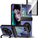 for Samsung Galaxy Z Flip 7 Case with Screen Protector, Hinge Protection Phone Case for Z Flip 7, with Mag-Safe, 360 Rotating Ring Holder, Hard PC Shockproof Full Body Protective Cover (Blue)