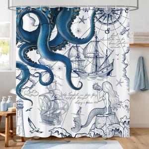 Blue Nautical Octopus Shower Curtain,Navy Blue Octopus and Mermaid Funny Ocean Kraken Waterproof and Moisture-Proof Bath Curtain Summer Decor with 12 Hooks 72 x 72 inch