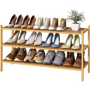 kiplant Long Shoe Rack, Bamboo Wood 3-Tier Shoe Rack for Entryway, Stackable | Foldable | Natural, Shoe Organizer for Hallway Closet, Free Standing Shoe Racks for Indoor Outdoor