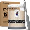 Premium Pro Sourdough Starter Jar Kit - 40 oz Large Wide Mouth Sourdough Bread Jar with Marked Feeding Band, Thermometer, Scraper, Cloth Cover and Silicone Lid/Base, Glass Container, Baking Supplies