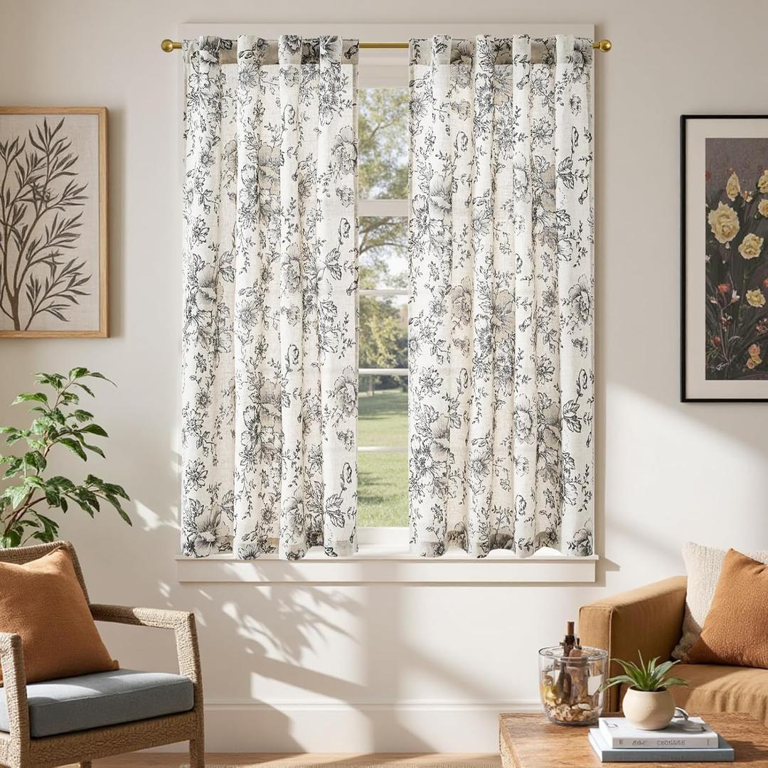jinchan Linen Floral Tier Curtains 54 Inch Farmhouse Botanic Cafe Curtains Light Filtering Drapes for Small Windows Back Tab Half Window for Kitchen Living Room Bathroom 2 Panels Black