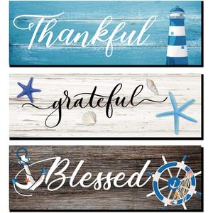Yookeer 3 Pieces Thankful Grateful Blessed Wooden Signs Coastal Rustic Wood Signs Wall Decor Beach Wood Front Hanging for Farmhouse Outdoor Decor(Coastal Style)