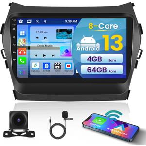 [4+64G] Inefala Android 15 Car Radio Stereo for Hyundai Santa Fe 2013-2017 with Wireless Carplay Android Auto, 9 Inch Touchscreen with WiFi GPS Bluetooth5.0 FM/RDS 32EQ SWC Canbus Backup Camera MIC