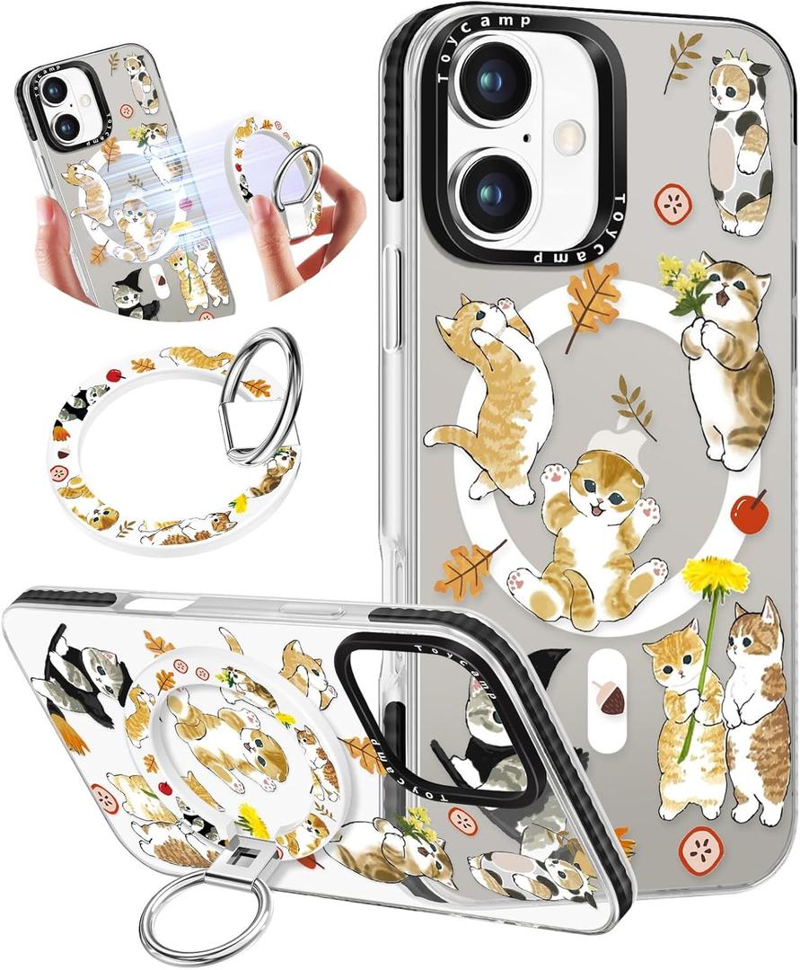 Toycamp for iPhone 16 Plus Case Compatible with Magsafe - Cute Design 360 Magnetic Ring Holder Stand Kickstand Funny Cat Girly Pretty Fashion TPU Phone Covers for Women Tenn Girls