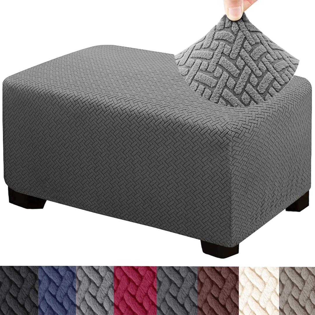 HFCNMY Ottoman Cover Rectangle,Stretch Knitted Jacquard Rectangle Ottoman Cover Thick Slipcover for Ottomans Soft Foot Stool Cover with Elastic Bottom Gray Medium (Grey)