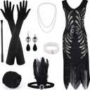 ELECLAND 1920s V Neck Sequin Beaded Fringed Dress with 20s Accessories Set (Large, Black)