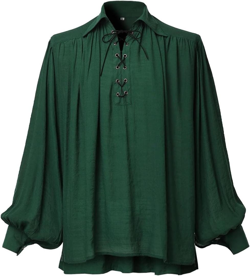 GRACEART Pirate Shirt Men Vampire Renaissance Shirts Victorian Ruffled Medieval Costume Cotton Linen Shirt (X-Small, Green)