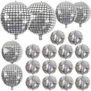 20Pcs Disco Ball Balloons Different Sizes- 4D Large Disco Balloons 32 22 10 Inch Assorted Round Metallic Silver Mylar Balloon for 70s 80s Disco Themed Birthday New Year's Party Decor Supplies