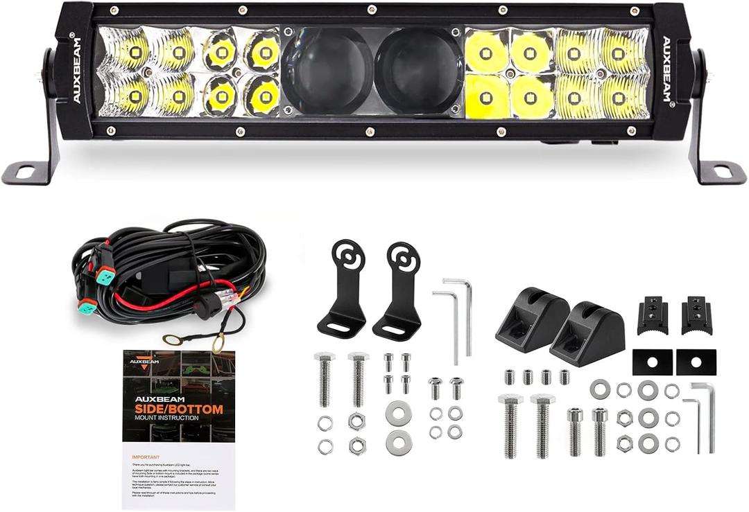 Auxbeam 12Inch Led Light Bar 100W 12000LM 5D Pro Lens Off Road Driving Light Spot Flood Combo Fog Light with 10FT Wiring Harness Kit (Professional Grade Outdoor Lighting Source P8 LED)
