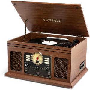 Victrola Quincy - 6-in-1 Bluetooth Record Player - Walnut | Plays vinyl, CD, cassette and FM radio through built-in stereo speakers, Bluetooth and aux streaming, headphone jack