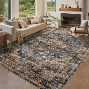 GarveeHome 10x13 Washable Vintage Living Room Area Rug: Vintage Machine Washable Area Rug for Living Room Indoor Large Non-Slip Bedroom Carpet Low Pile Stain Resistant Dining Room Carpet Blue&Brown