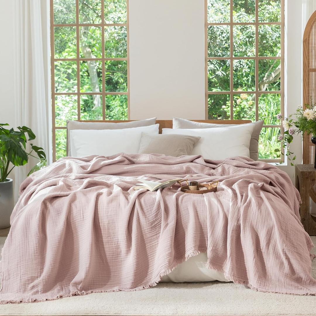 MooMee Muslin Blanket - 100% Cotton 4-Layer Gauze Throw Blanket with Tassels Ultra-Soft Breathable Lightweight Cooling for Bed Couch (Greyish Pink,King 104" x 90")