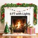 6FT Christmas Garland with Lights, Real Touch Norfolk Pine Garland with Pinecone Red Berry Bells, Faux Cedar Garland for Mantle Table Stairs Front Door Indoor Decor