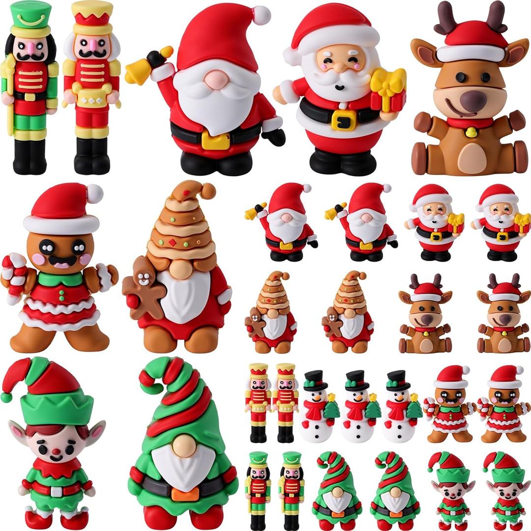 Chunful 30 Pcs Christmas Figurines Miniature Nutcracker Santa Snowman Gingerbread Man Deer Elves Gnomes Figures for Christmas Ornaments Party Favors Fillers Cake Toppers Gift Dollhouse Home Decor