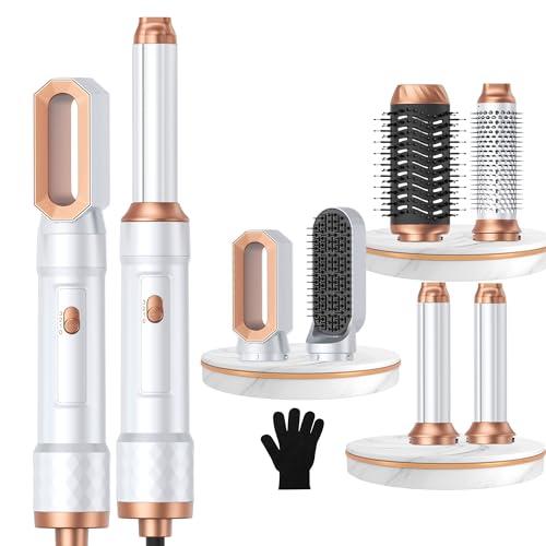 6 in 1 Air Styler Magic Hair Dryer Brush, Negative Ionic Blow Dryer Brush & 3 Heat Settings, Detachable Auto Curling & Straightening Volumizing, Frizz-Free Styling, Salon to Home Use (A-White-Pink)