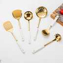 AQUAX Stainless Steel kitchenware seven Pieces Set (White Gold).Cooking Utensils 7 pcs Set with hanging shelf .Include Slotted Spoon, Slotted Spatula, Large Spoon, Soup Ladle, Spatula, Pasta spoon.