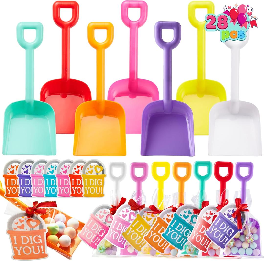 JOYIN 28 PCS Plastic Toy Shovels with I DIG YOU Cards, 28 Candy Bags with Ribbon for Valentine's Party Favors Supplies, Valentine's Toys, Classroom Exchange Prizes Valentines Gifts