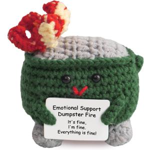 4 x Emotional Support Crochet Dumpster Fire with Positive Card - Handmade Funny Inspirational Birthday Gifts for Women, Men, Friend, Coworker - Cute Office Desk Accessories Decor (Green)