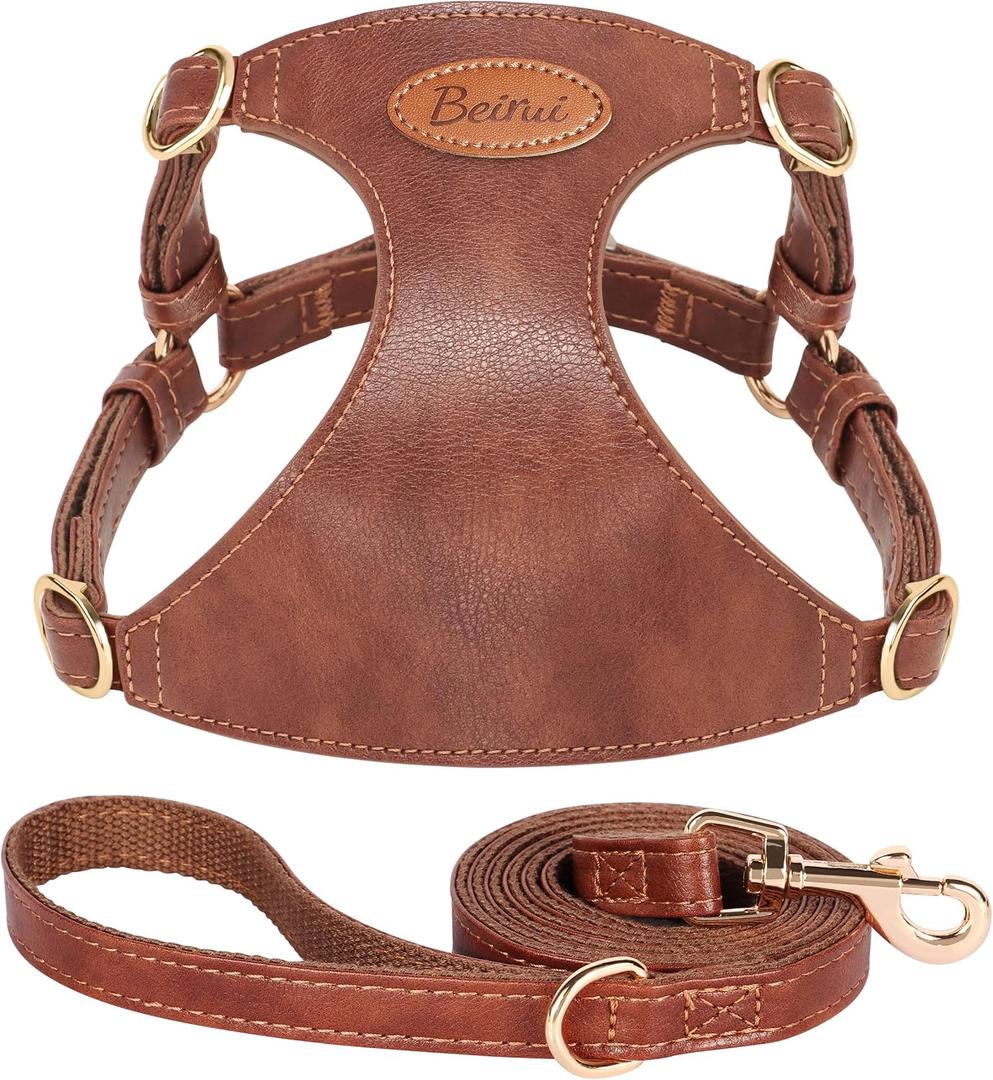 Beirui Stylish PU Leather Dog Harness and Leash Set for Small Dogs, Adjustable Step in Dog Vest Harness with Breathable Mesh Lining and Durable Metal Buckle for Walking Traveling(Brown,M)