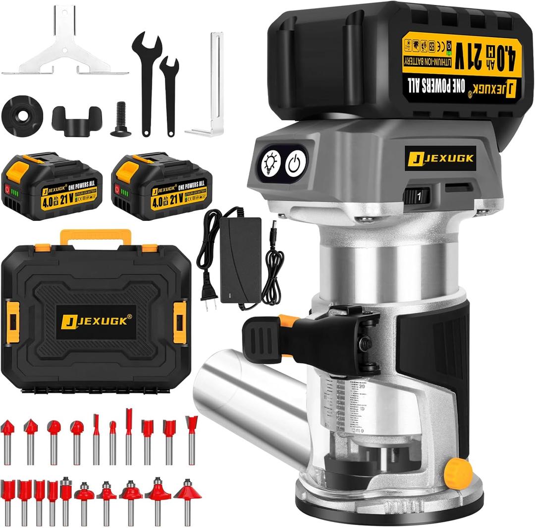 Brushless Cordless Wood Router, 21V Compact Trimmer Palm Router with 2x4.0Ah Battery, Portable Small Ruteador Para Madera 6 Speed with 20 PCS 1/4" Bits, Fresadora Para Madera for Woodworking