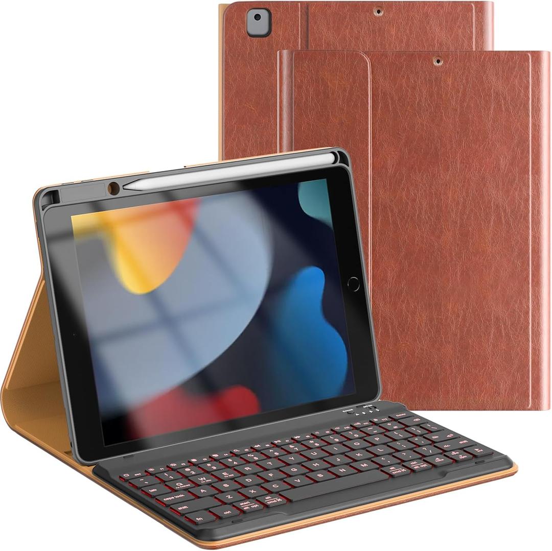 OPAKIT Leather Keyboard Case for iPad 9th/ 8th/ 7th Generation 10.2 inch, iPad Pro 10.5-inch Air 3rd Case with Pencil Holder, 7 Color Backlight BT Keyboard (2021/ 2020/ 2019/ 2017), Brown