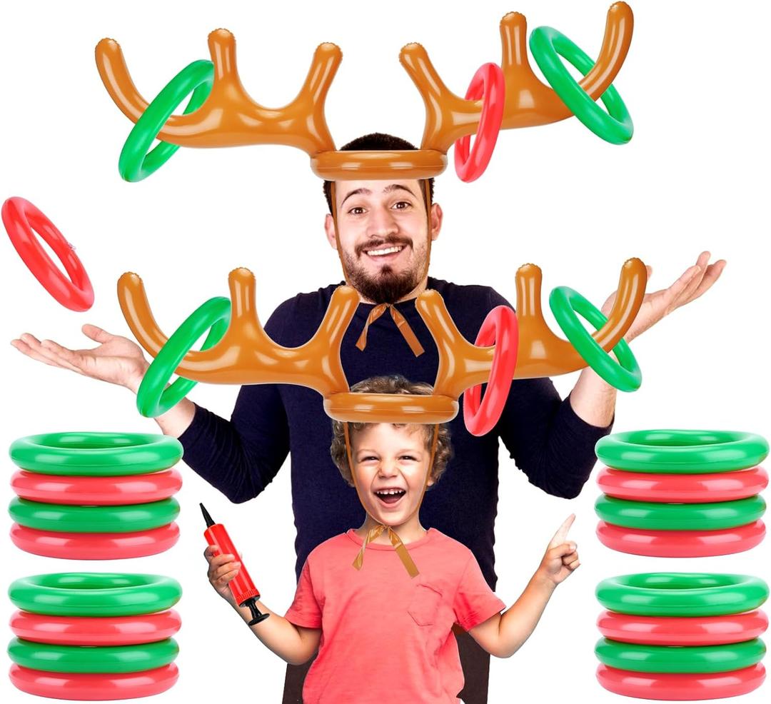 Inflatable Reindeer Antler Ring Toss Game for Christmas Party Supplies Xmas Target Game Toy (2 Version Choice; 2 Antlers & 16 Rings OR 4 Antlers & 24 Rings) Red/Green