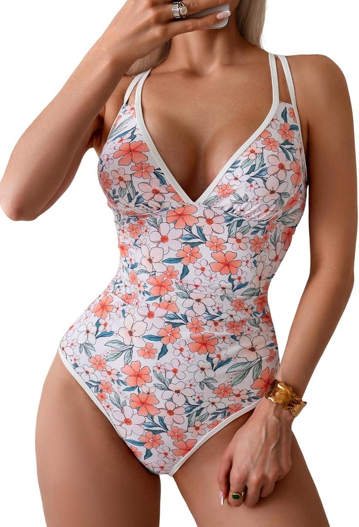 B2prity Women's V Neck One Piece Swimsuit Tummy Control Slimming Bathing Suit Double Straps Crisscross Back Swimwear (X-Large, Red Yellow Floral)