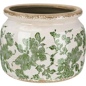 4.7" Small Ceramic Plant Pot Beige Green Vintage Floral Crackle Glaze Rustic Flowers Pot Decorative Planter with Drainage for Indoor Outdoor Plants Home Kitchen Office Decor Gift