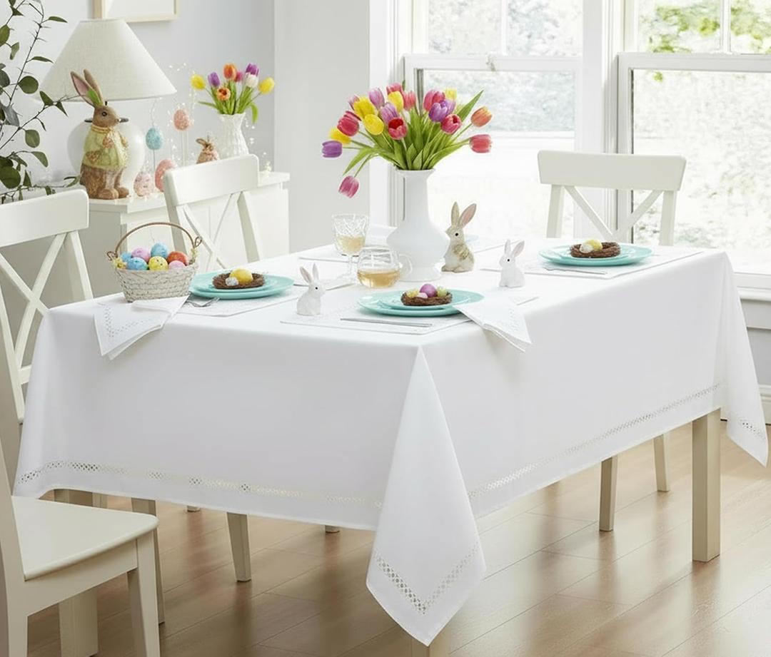 Newbridge Spring & Easter Holiday Fabric Rectangle Tablecloth, 60 x 84 Inch, Provence Lattice Cutwork Solid Color Textured, Water and Stain Resistant Easy Care Table Cloth for Parties, White