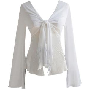 OYOANGLE Women's Tie Front Slit Hem Mesh Sheer Blouse Bell Sleeve V Neck Asymmetrical Shirt Top (Large, White)