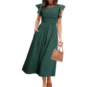 Simplee Womens Striped Midi Summer Dress Linen Smocked Flutter Short Sleeve Dress Flowy Casual Dress with Pockets (Green, S)