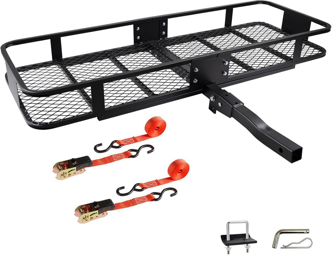 Fouwick 60"x 20"x 6" Folding Trailer Hitch Mount Cargo Carrier, 500LBS Capacity, Powder Coating Luggage Rack Basket Car Storage with Straps, Fits 2" Receiver
