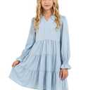 Cubear Girls' Casual A-Line Dress with Ruffle Hem Long Sleeve V-Neck Pocket Teen Girls Dress Tween Junior Dresses, 5-6 Years Light Blue